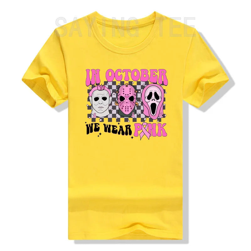 the SCARY MOVIE - Women Horror Movie Halloween Costume Gifts Pink Ribbon Breast Cancer Awareness T-Shirts Funny Novelty Graphic Short Sleeve Tops