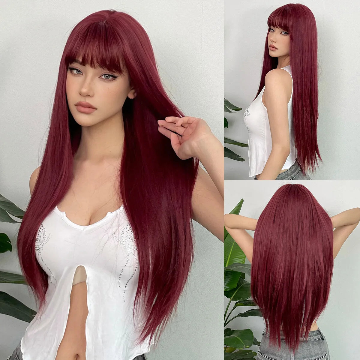 the HOT GIRL CLUB - Long Straight Synthetic Wigs, Air Bangs Natural Heat-Resistant Hair, Women Daily Halloween/Cosplay Party Full Head Cover