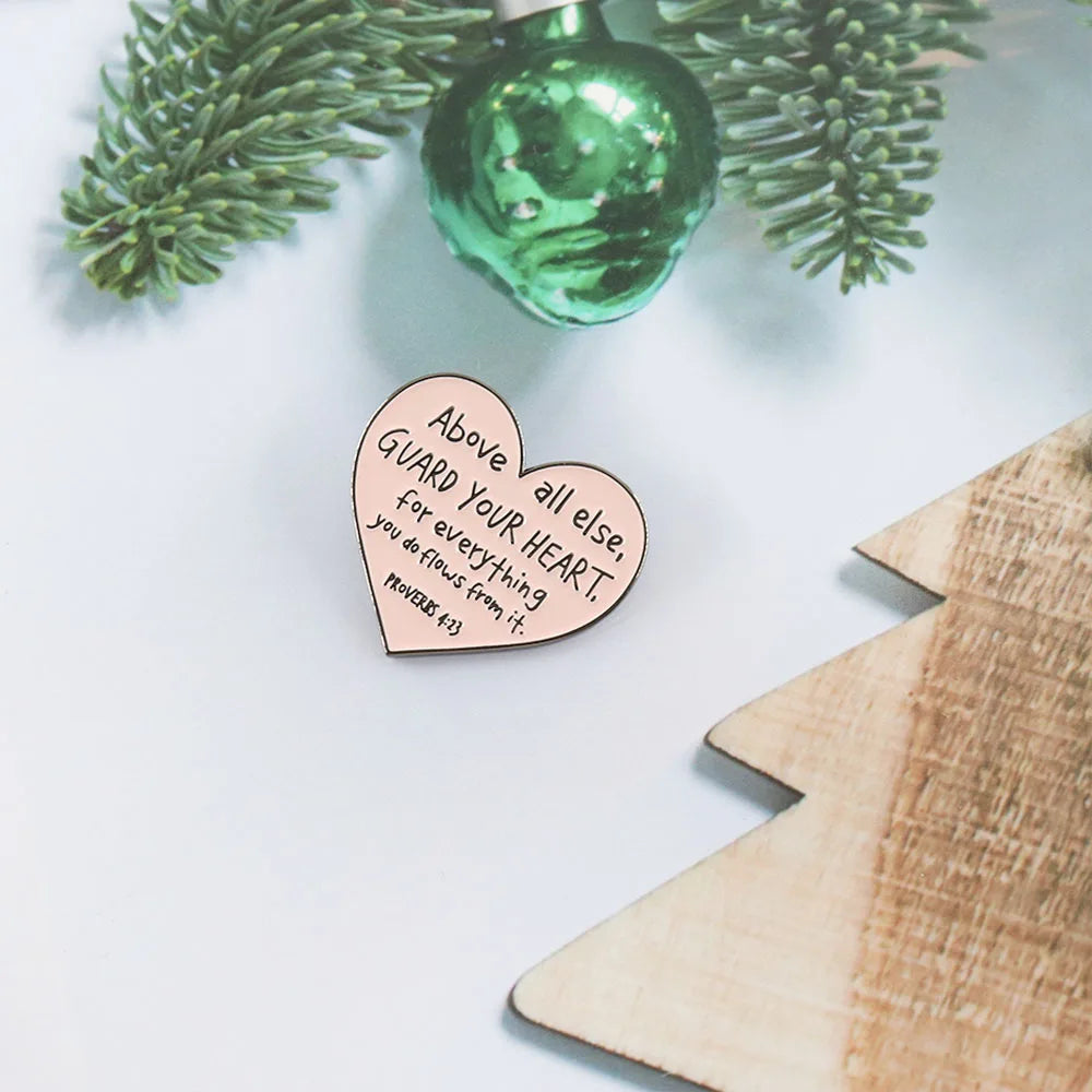 the PROVERBS 4:23 - Above All Else Guard Your Heart Badge Proverbs 4:23 Enamel Pin, Bible Verse Brooch Religious Jewelry