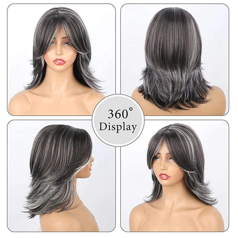 the LAYERED BOB - Dark Gray Ombre Layered Wigs with Bangs for Women, Synthetic Hair Short Gray Highlight Straight Layered Bob Wig