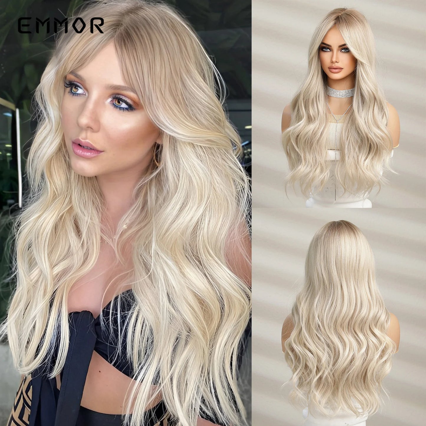 the RACHEL - Synthetic Light Brown Natural Medium Long Wavy Hair Wig with Bangs for Women, Heat Resistant Daily Cosplay Party Wigs