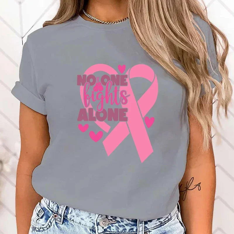 the NOT ALONE - High Quality Breast Cancer Awareness No One Fights Alone Print T-Shirt for Women