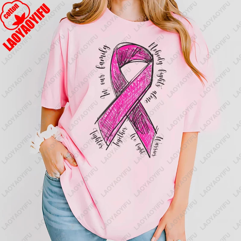 Fashion Breast Cancer Cotton Shirt Pink Breast Cancer Awareness T-Shirt Supporter Crew Tees Retro Cotton Woman Short-sleeve Tops
