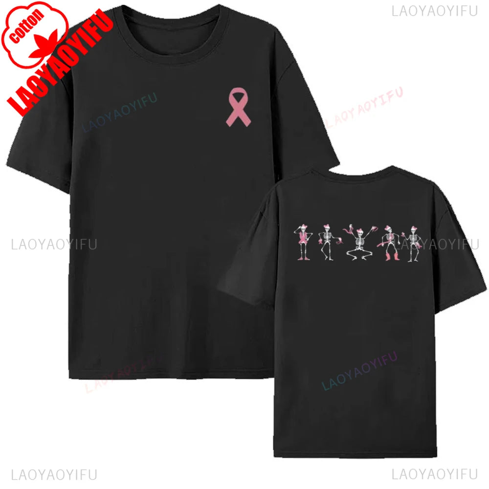 Breast Cancer Awareness Pink Ribbon Skeleton T-Shirt Halloween Gift Dancing Bones Shirt Women Men Unisex Comfortable Cotton Tee