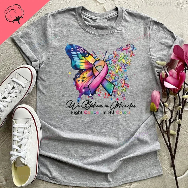 the MIRACLE BELIEVER - Cancer Warrior T-Shirt Butterfly Ribbon Graphic Tees