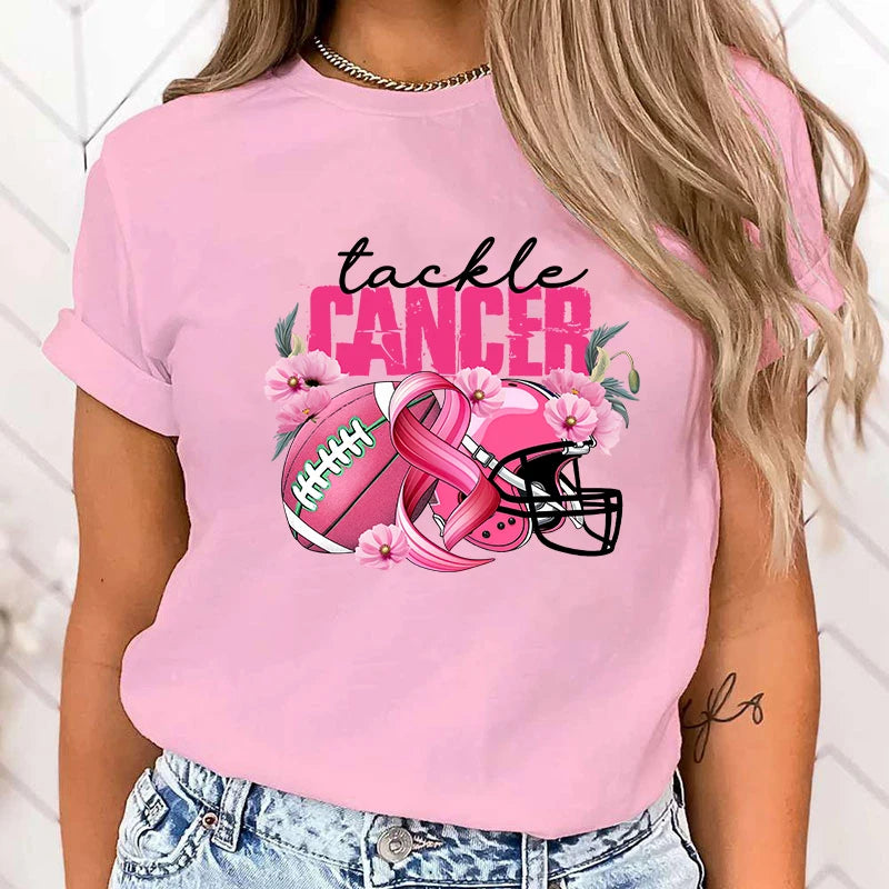 the TACKLE CANCER - Fashion Funny Breast Cancer Awareness Tackle Cancer Printed T-Shirts for Women