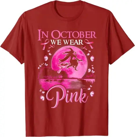 the PINK MOON - In October We Wear Pink Ribbon Witch Halloween Costume Breast Cancer T-Shirt for Women