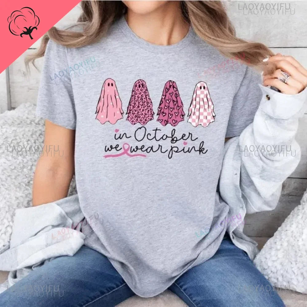 the OCTOBER COLLECTION - In October We Wear Pink Ghosts Cotton T-Shirt Breast Cancer Awareness Halloween T-Shirt Breast Cancer Support Tee