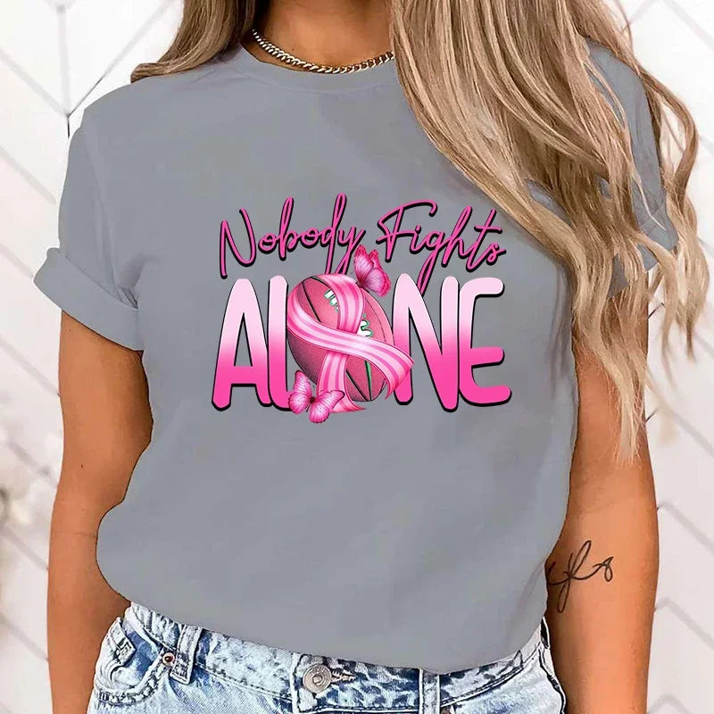 the NOONE FIGHTS ALONE - High Quality Breast Cancer Awareness Nobody Fights Alone Print T-Shirt for Women