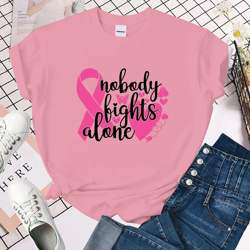 the STRONGER TOGETHER - Breast Cancer Awareness Nobody Fights Alone Printing Shirt Short Sleeve T Shirt