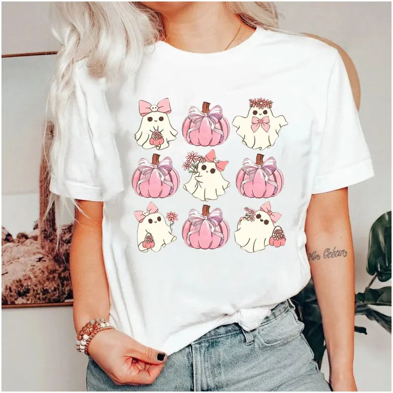 the OCTOBER COLLECTION - In October We Wear Pink Print T-Shirts Ghost Halloween Cute Pink Ghost Breast Cancer Awareness