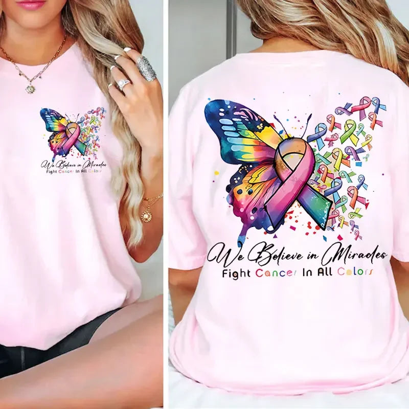 the MIRACLE BELIEVER - Cancer Warrior T-Shirt Butterfly Ribbon Graphic Tees