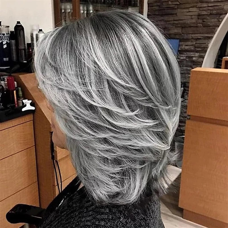the LAYERED BOB - Dark Gray Ombre Layered Wigs with Bangs for Women, Synthetic Hair Short Gray Highlight Straight Layered Bob Wig