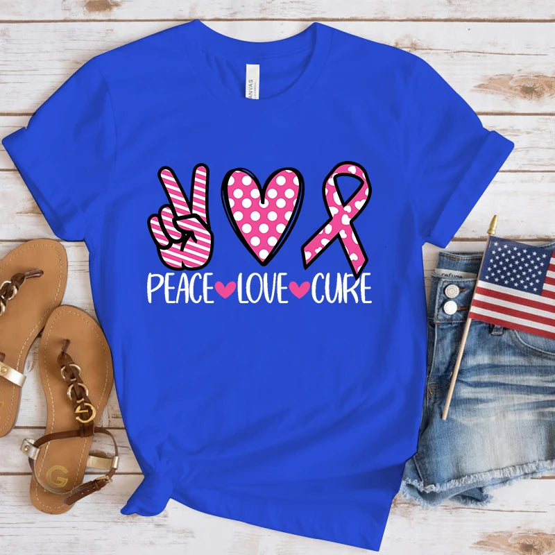 the SYMBOLIC - Breast Cancer Awareness Peace Love Cure T-Shirt