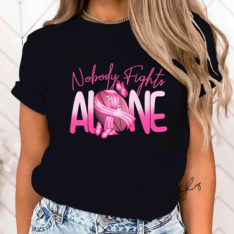 the NOONE FIGHTS ALONE - High Quality Breast Cancer Awareness Nobody Fights Alone Print T-Shirt for Women
