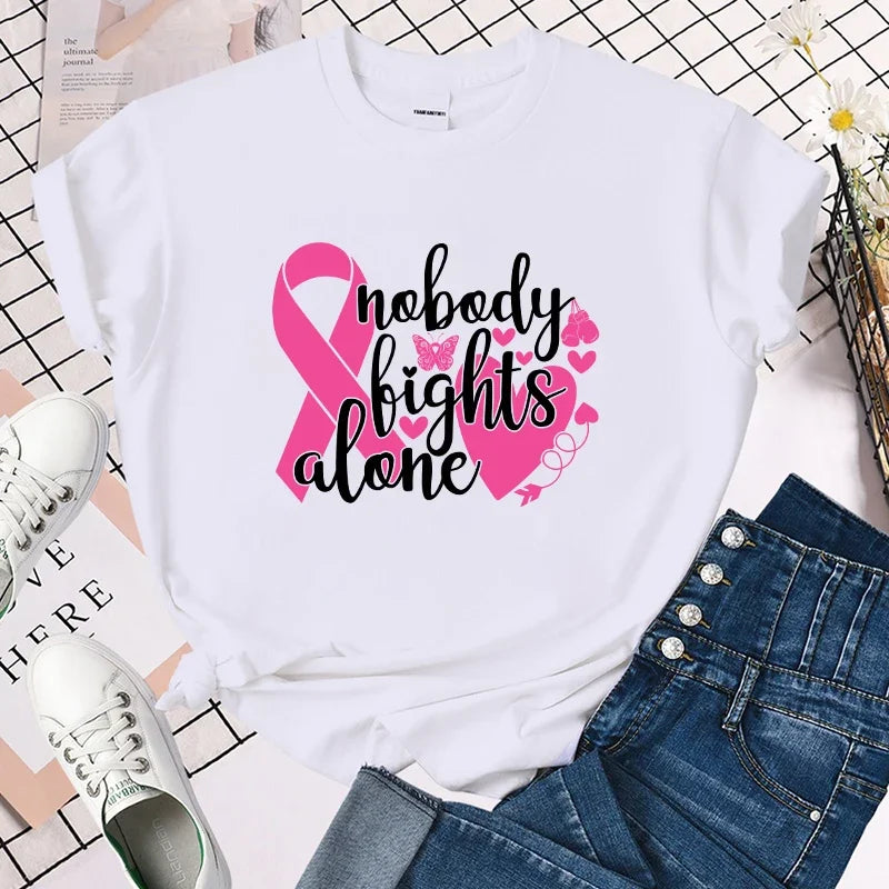 the STRONGER TOGETHER - Breast Cancer Awareness Nobody Fights Alone Printing Shirt Short Sleeve T Shirt