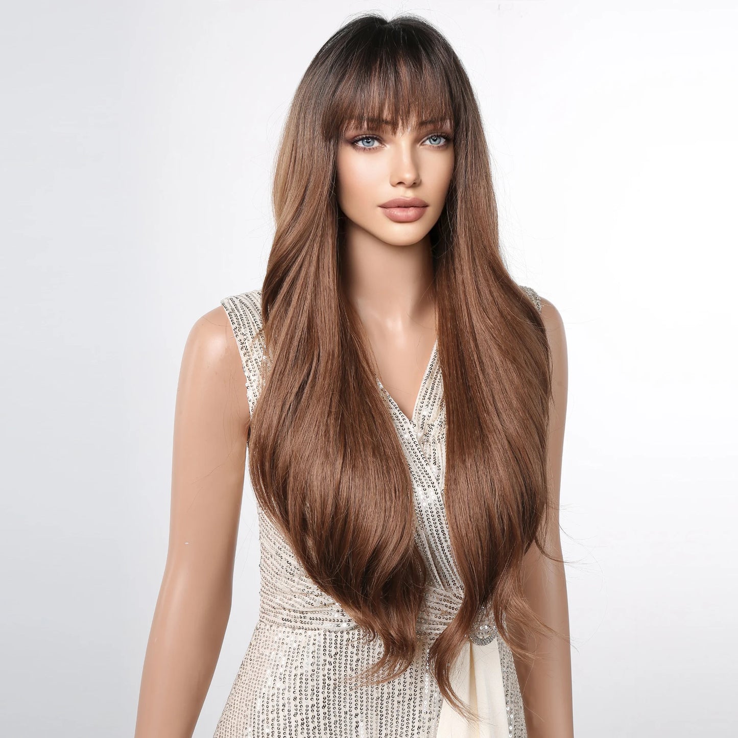 the MADELEINE - Ombre Honey Brown Synthetic Hair Wigs, Long Natural Body Wavy Wig with Bangs, Realistic Daily Party Soft Wig Heat Resistant Fiber