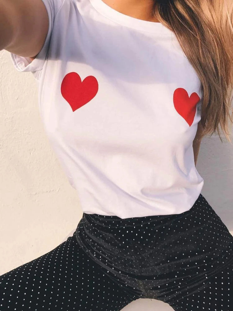 the X MARKS THE SPOT - Funny Breast Heart Print T-Shirt, Women Short Sleeve O-Neck Loose T-Shirt, Summer Ladies Tee Shirt Tops Clothes