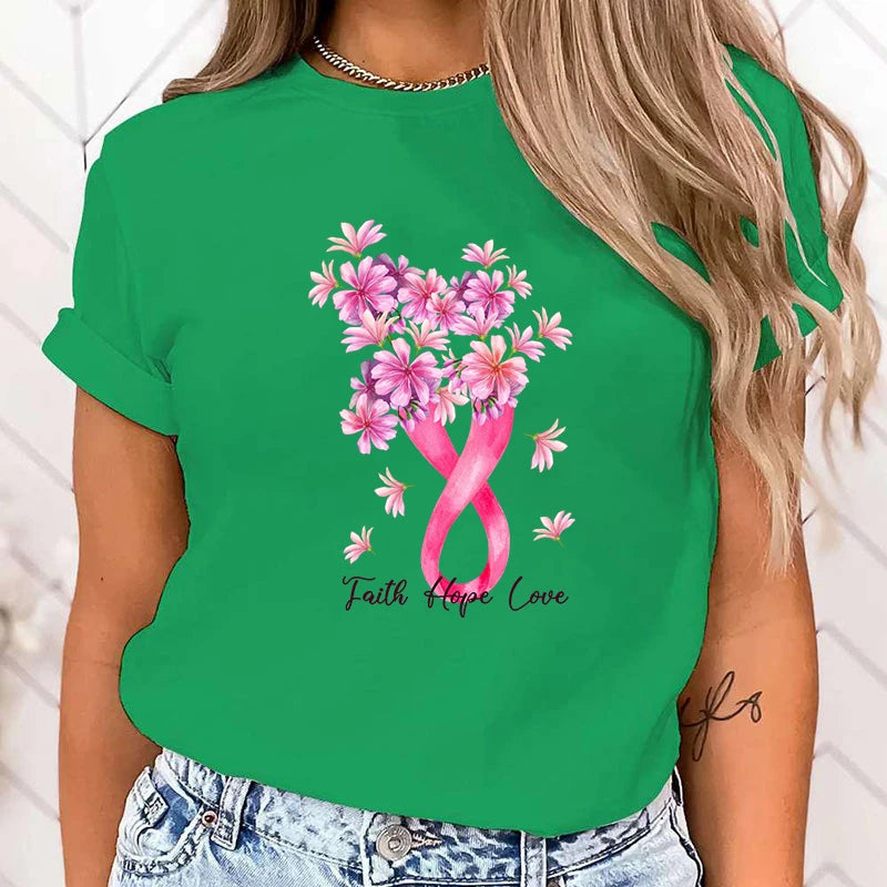 the FLORAL RIBBON - Breast Cancer Awareness Faith Hope Love Print T-Shirt Short Sleeve O Neck Loose Women Summer Cool T-Shirt