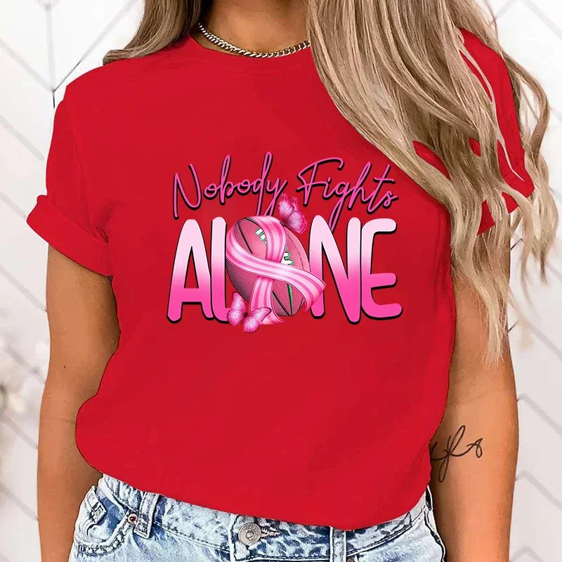 the NOONE FIGHTS ALONE - High Quality Breast Cancer Awareness Nobody Fights Alone Print T-Shirt for Women