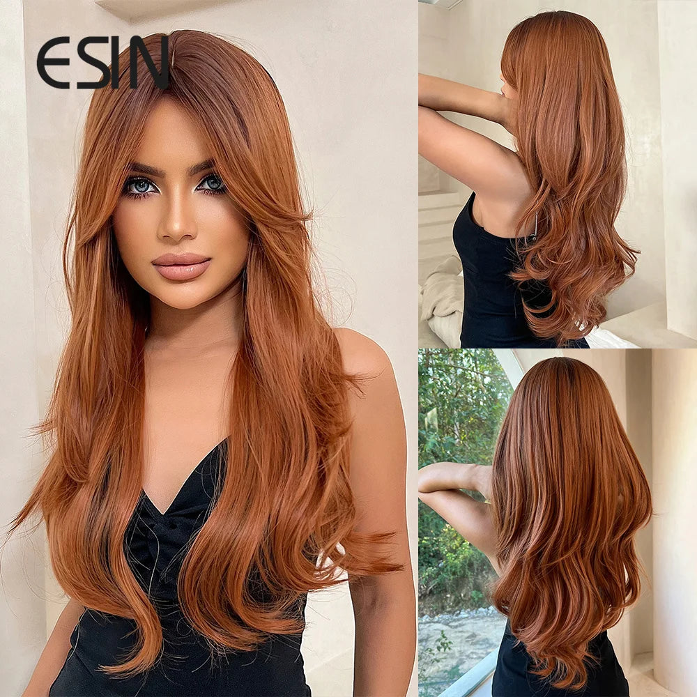 the GILLIAN - Natural Elegant Synthetic Wig, Long Ombre Red Brown Wigs for Women, Ombre Layered Hair with Dark Roots Daily Party Cosplay