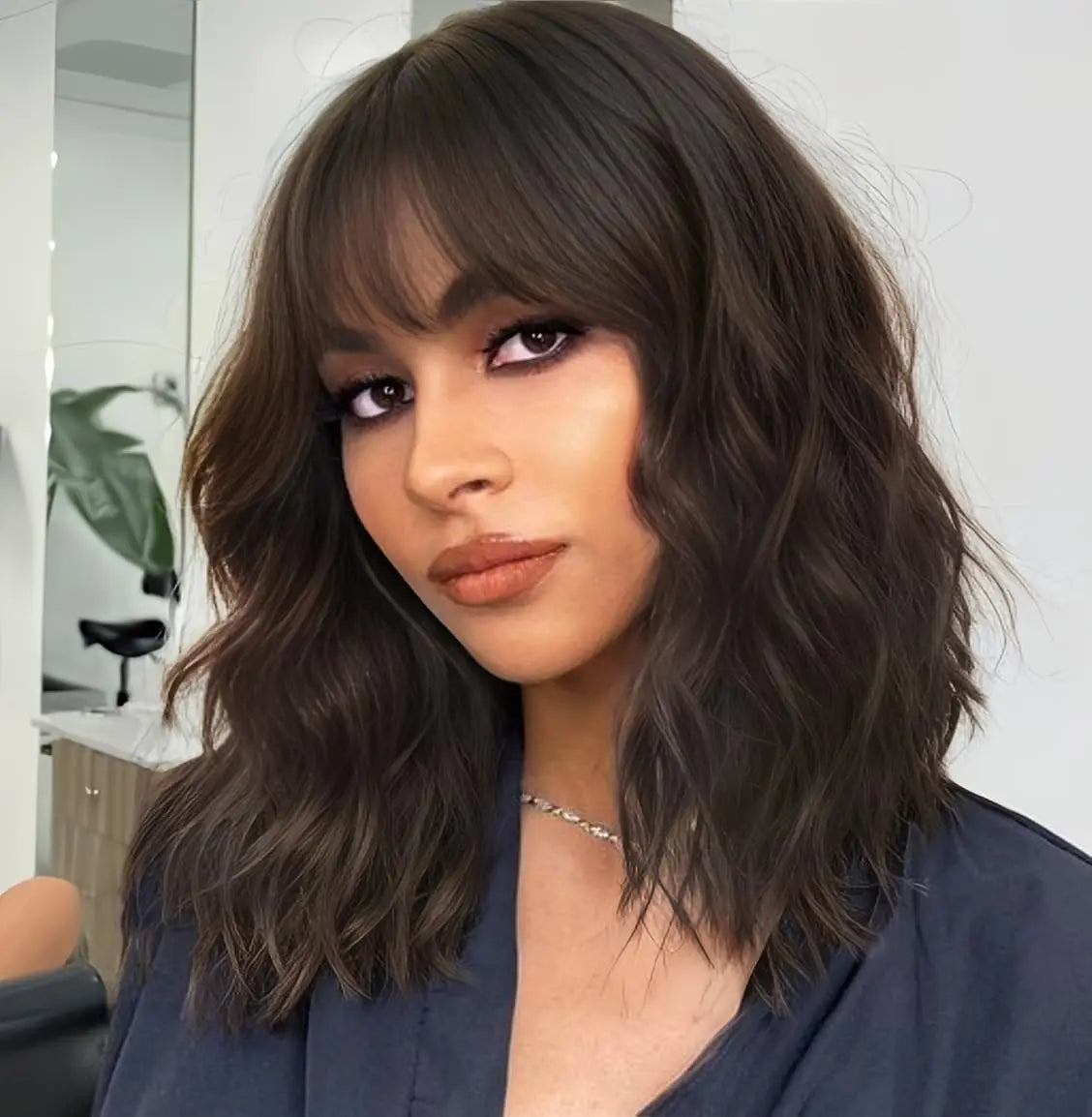 the WAVE BOB - Short Brown Highlight Wigs with Bangs, Natural Wavy Hair Wigs for Women, Heat Resistant Synthetic Bob Wig Shoulder Length