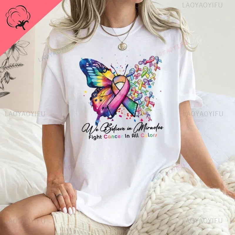 the MIRACLE BELIEVER - Cancer Warrior T-Shirt Butterfly Ribbon Graphic Tees