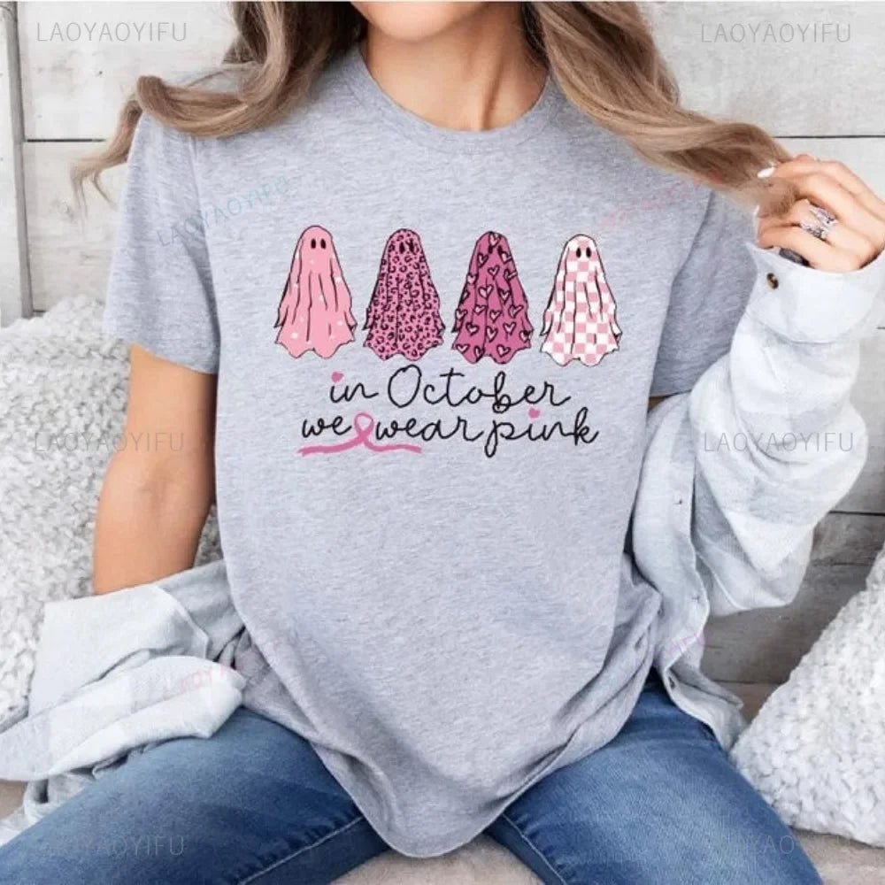 the OCTOBER COLLECTION - In October We Wear Pink Ghosts Cotton T-Shirt Breast Cancer Awareness Halloween T-Shirt Breast Cancer Support Tee