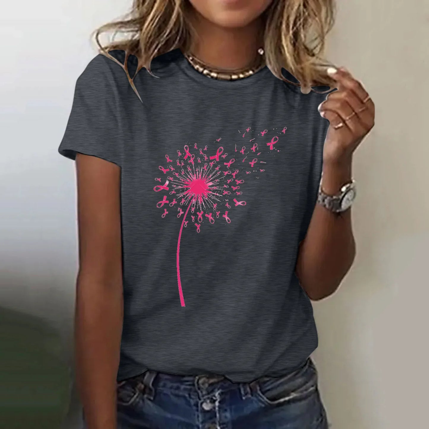 the RIBBON DANDELION - Pink Ribbon Dandelion Print Casual Tops for Women