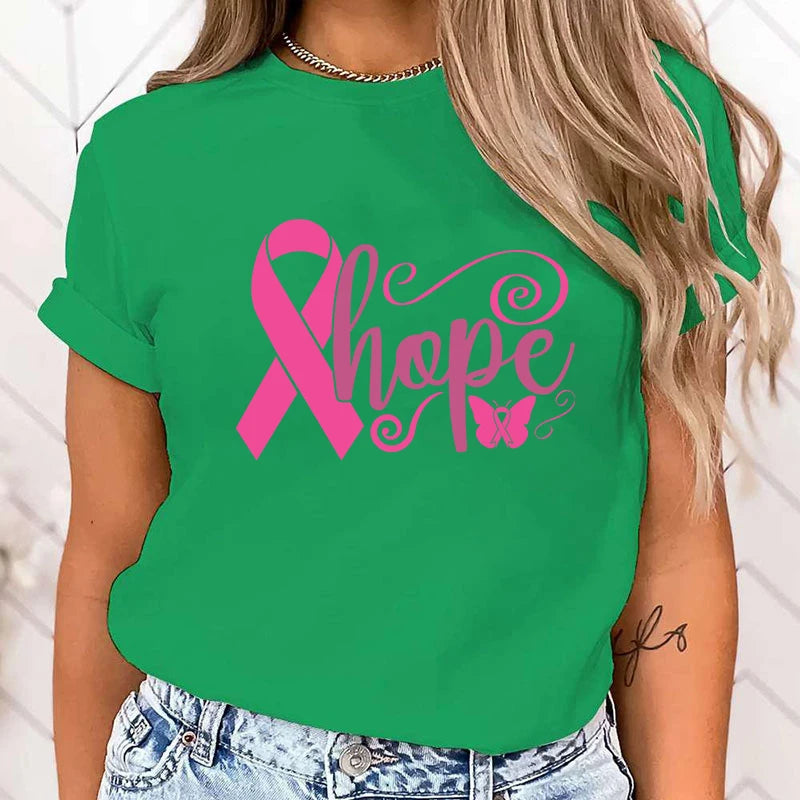 the HOPE RIBBON - Breast Cancer Awareness Hope Print Short Sleeve T-Shirts for Women