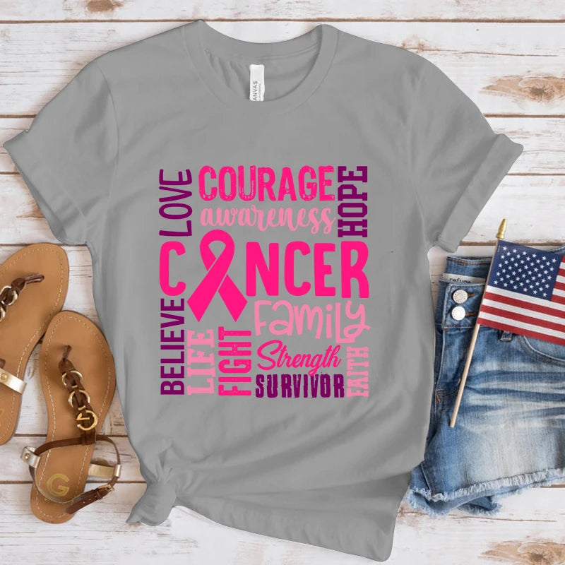 the WORDS OF ENCOURAGEMENT - Breast Cancer Awareness Cancer Letter Printed T-Shirts for Women