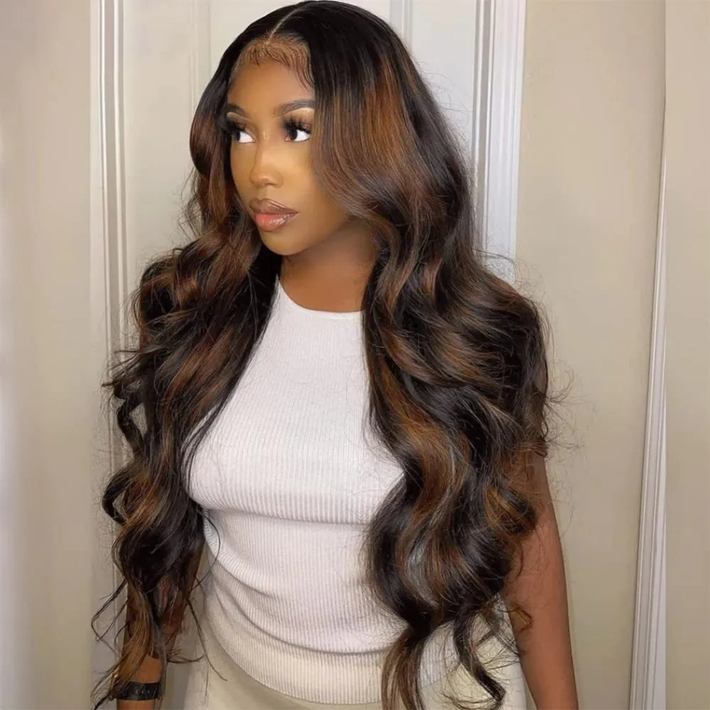 the NICKI - 32 Inch Highlight Lace Front Wig, Human Hair 1B/30 Body Wave Ombre Lace Front Wig, Human Hair 13x6 Lace Frontal Wigs 180 Density