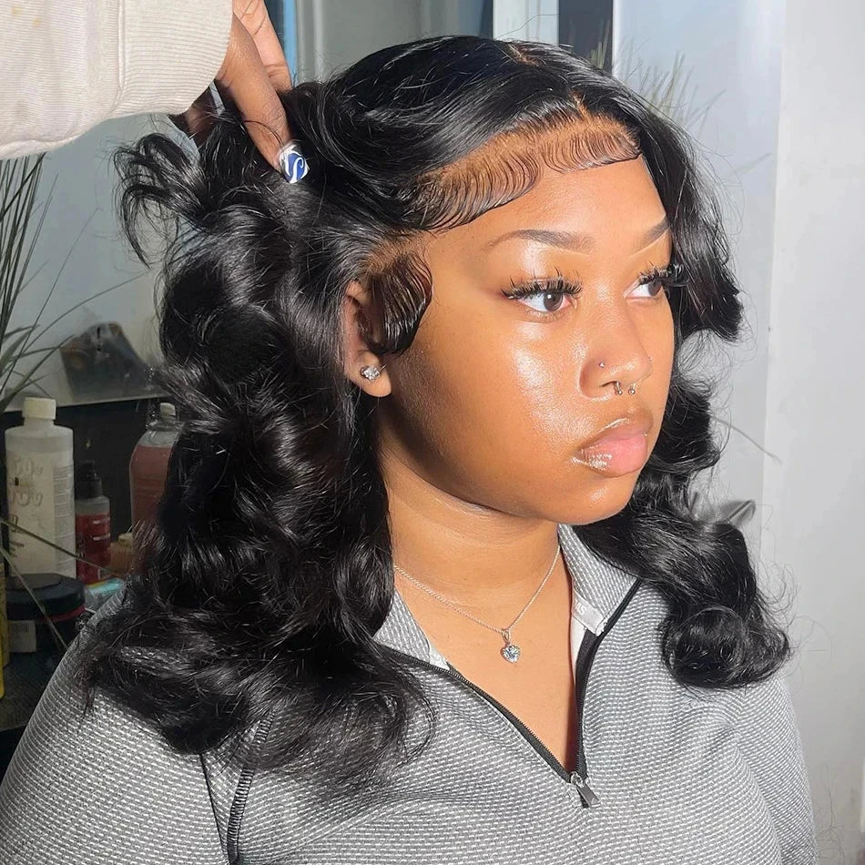 the BODY WAVE - Brazilian Body Wave Short Bob 13x4 13x6 HD Transparent Lace Front Human Hair Wigs, 5x5 High Density Pre-Plucked Lace Frontal Wig