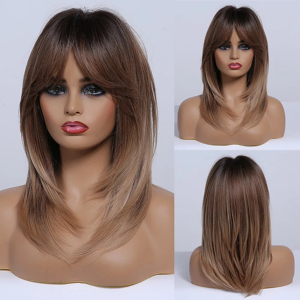 the MULAN - Shoulder Black Brown Layered Synthetic Natural Hair Wigs for Women, Straight Daily Women's Heat-Resistant Wig with Curtain Bangs