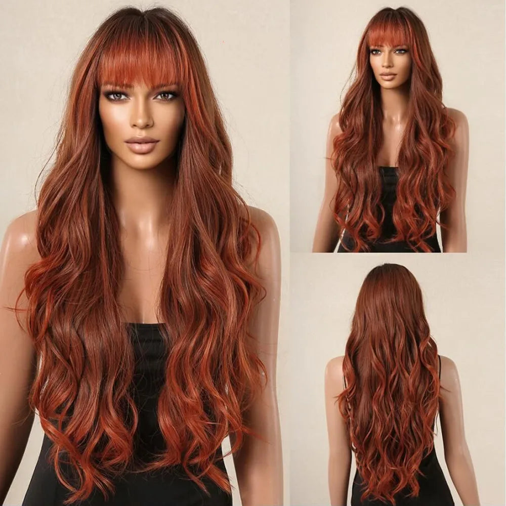 the MADELEINE - Ombre Honey Brown Synthetic Hair Wigs, Long Natural Body Wavy Wig with Bangs, Realistic Daily Party Soft Wig Heat Resistant Fiber
