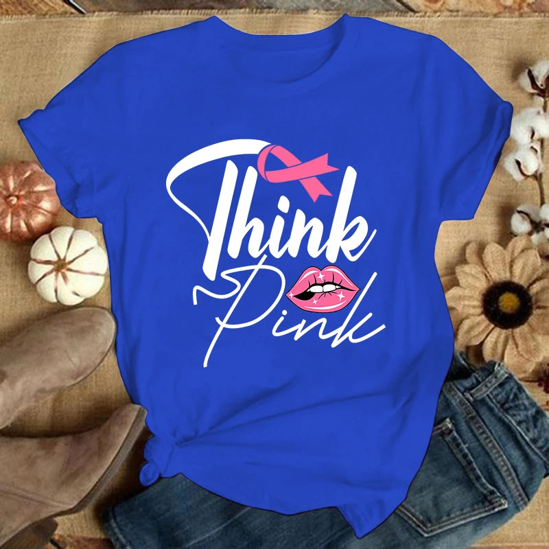 the THINK PINK - Breast Cancer Print Casual T-Shirt for Women, Summer Casual Short Sleeve Tops