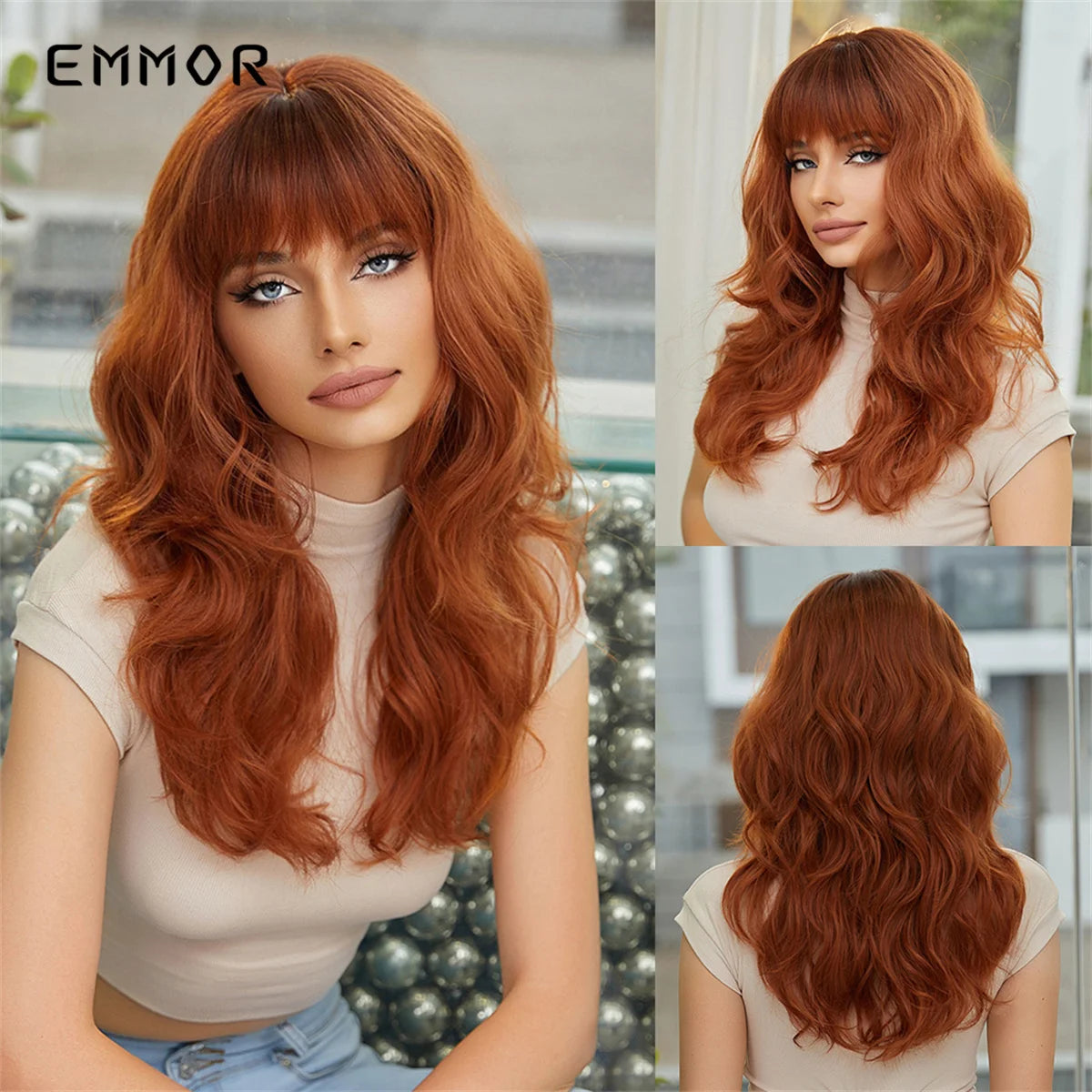 the RACHEL - Synthetic Light Brown Natural Medium Long Wavy Hair Wig with Bangs for Women, Heat Resistant Daily Cosplay Party Wigs