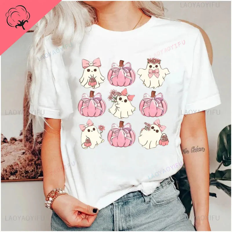 the OCTOBER COLLECTION - In October We Wear Pink Print T-Shirts Ghost Halloween Cute Pink Ghost Breast Cancer Awareness