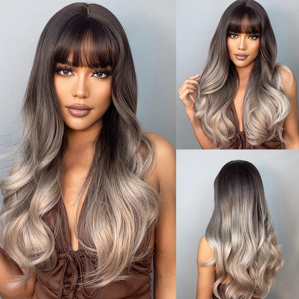 the MADELEINE - Ombre Honey Brown Synthetic Hair Wigs, Long Natural Body Wavy Wig with Bangs, Realistic Daily Party Soft Wig Heat Resistant Fiber