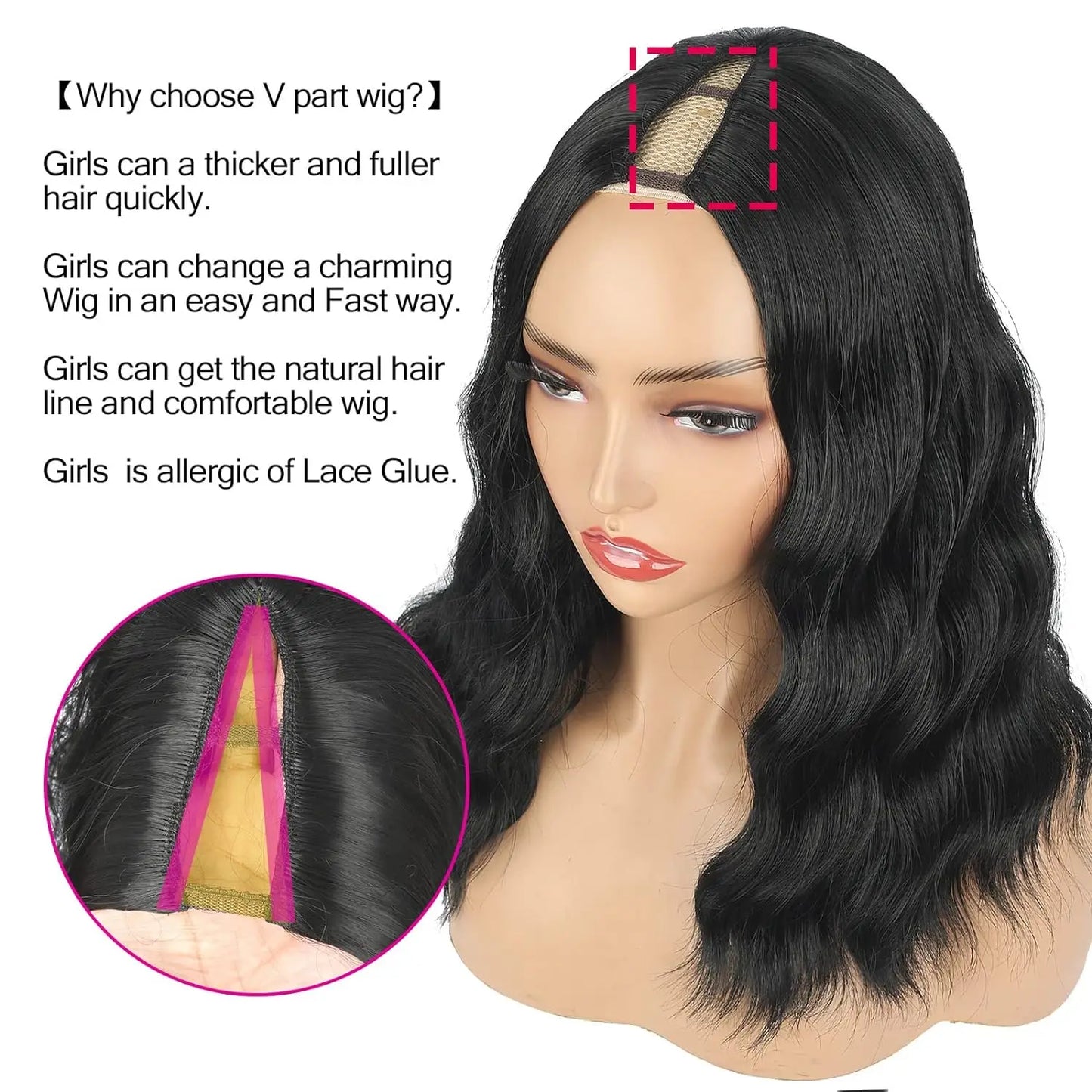 the BEACH WAVE - Black Bob Wavy V/U Part Wig for Women, Synthetic Hair Replacement Wigs, Double-Leaf Wig Full Head Clip in Hair Extensions Wig