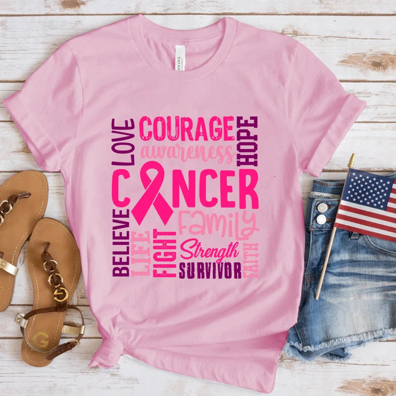 the WORDS OF ENCOURAGEMENT - Breast Cancer Awareness Cancer Letter Printed T-Shirts for Women