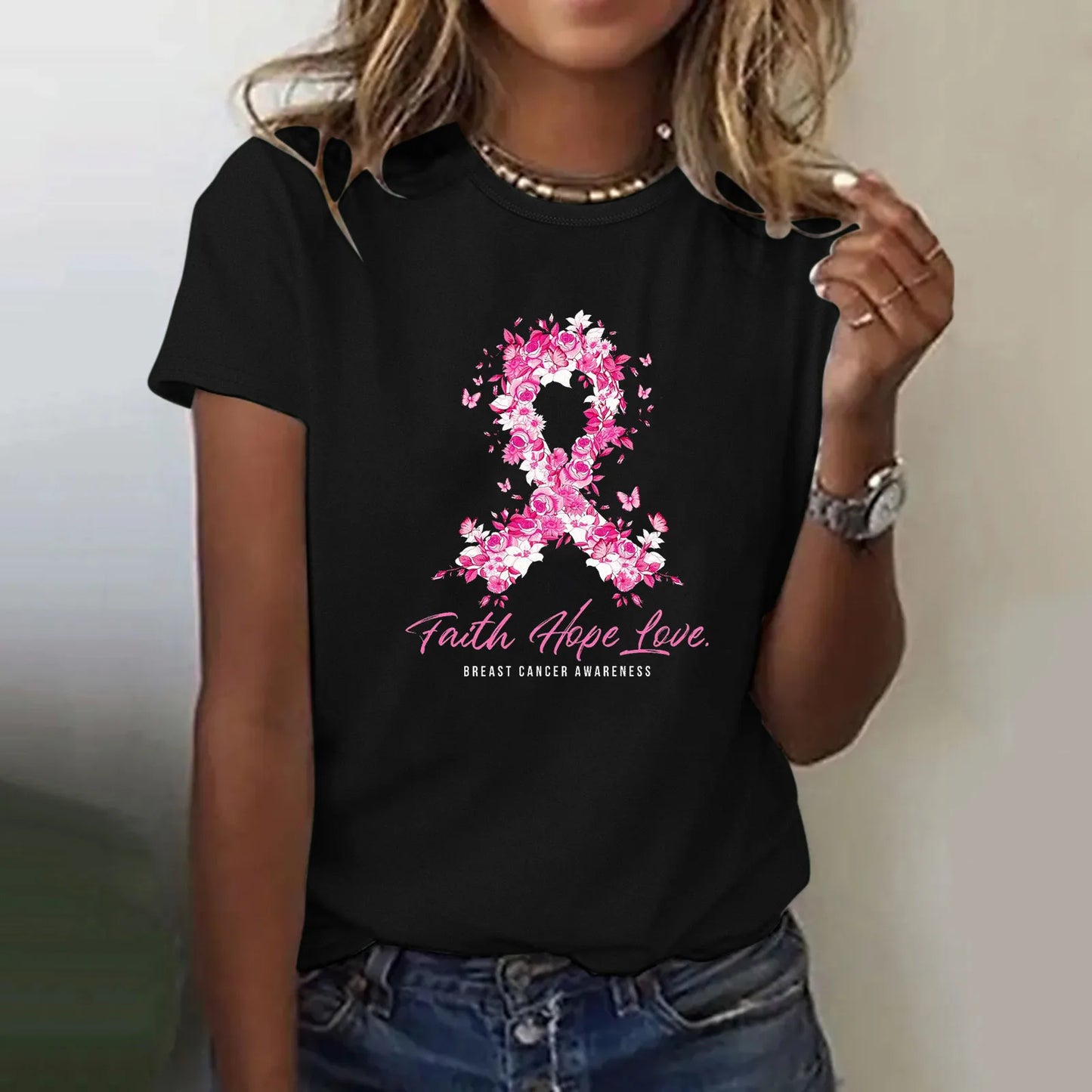 the FAITH HOPE LOVE - Ribbon Petal Print Pink Breast Cancer Awareness Graphic T-Shirts