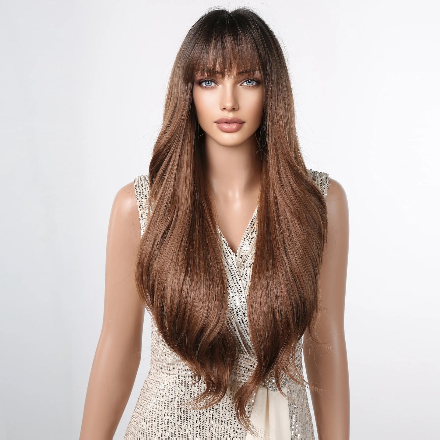 the MADELEINE - Ombre Honey Brown Synthetic Hair Wigs, Long Natural Body Wavy Wig with Bangs, Realistic Daily Party Soft Wig Heat Resistant Fiber