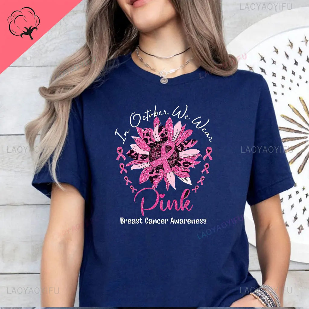 the OCTOBER COLLECTION - In October We Wear Pink Ghosts Cotton T-Shirt Breast Cancer Awareness Halloween T-Shirt Breast Cancer Support Tee