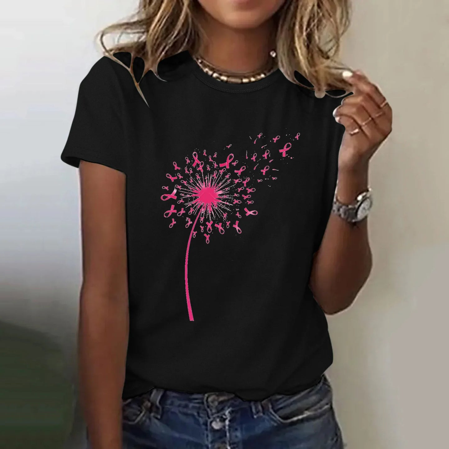the RIBBON DANDELION - Pink Ribbon Dandelion Print Casual Tops for Women