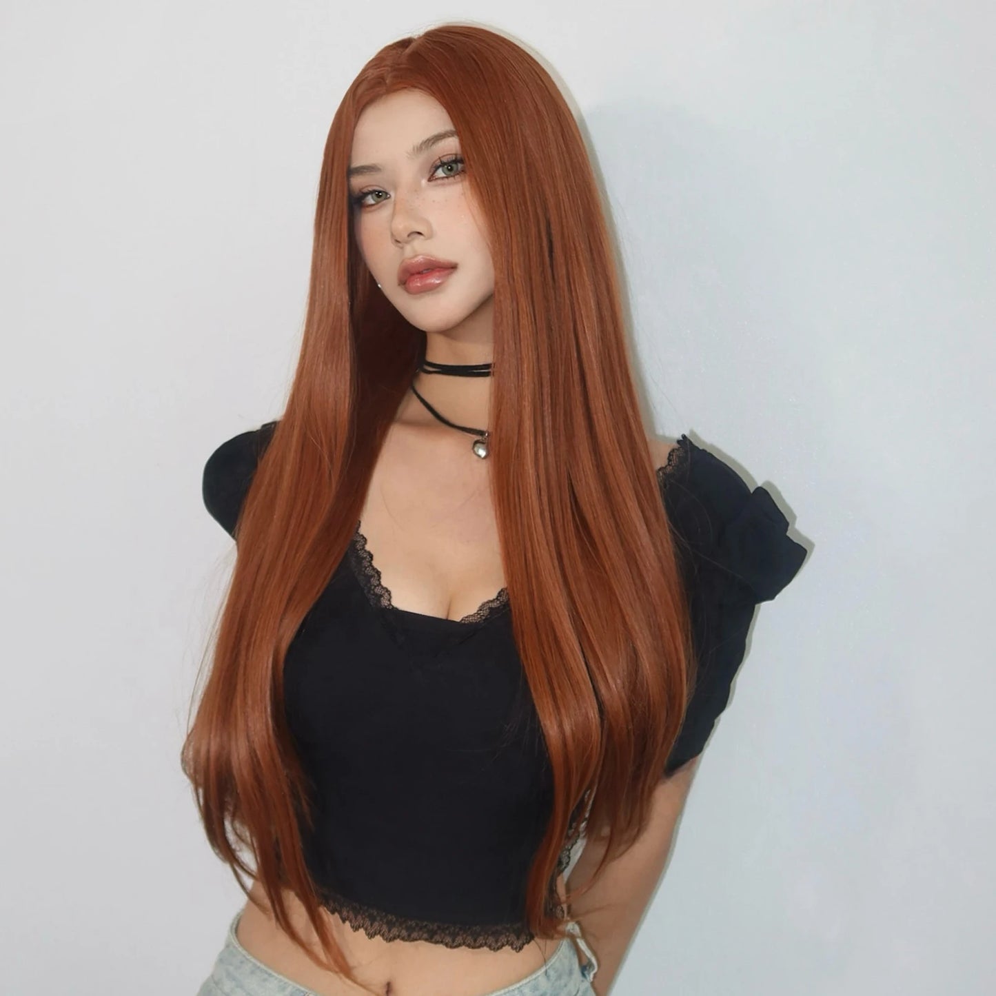 the ANNIE - Copper Ginger Brown Long Straight Wig, Synthetic Women's Wigs Middle Part Cosplay Daily Use Natural Hair Heat Resistant Fibre