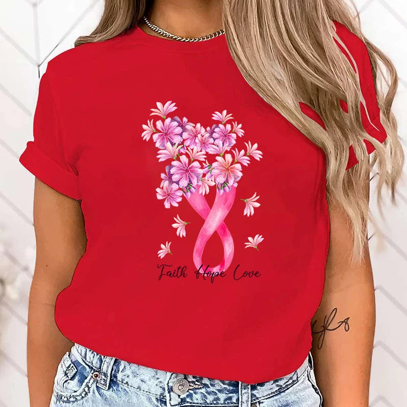 the FLORAL RIBBON - Breast Cancer Awareness Faith Hope Love Print T-Shirt Short Sleeve O Neck Loose Women Summer Cool T-Shirt