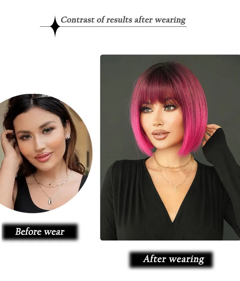 the NAOMI - Rose Pink Short Wig for Women, Daily Party Overhead Dyeing Black Natural Synthetic Lavender Heat Resistant Straight Wigs
