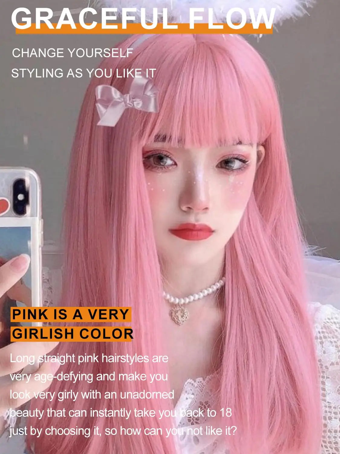 the PINK GIRL - Pink Long Straight Synthetic Wig, Air Fringe Daily Cosplay Party Heat Resistant Full Headgear