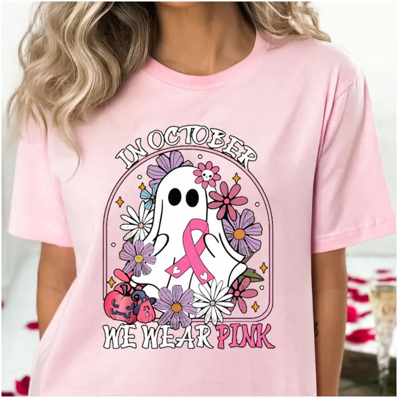 the OCTOBER COLLECTION - In October We Wear Pink Print T-Shirts Ghost Halloween Cute Pink Ghost Breast Cancer Awareness